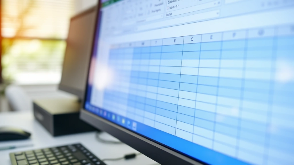 Close-up of computer monitor displaying Excel spreadsheet with highlighted blank rows in blue, professional office desk with keyboard and mouse visible