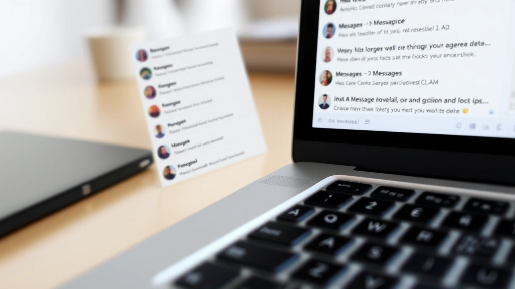 Close-up of Mac laptop keyboard with Messages app open on screen, showing conversation list with hover options visible, clean desk workspace, natural lighting