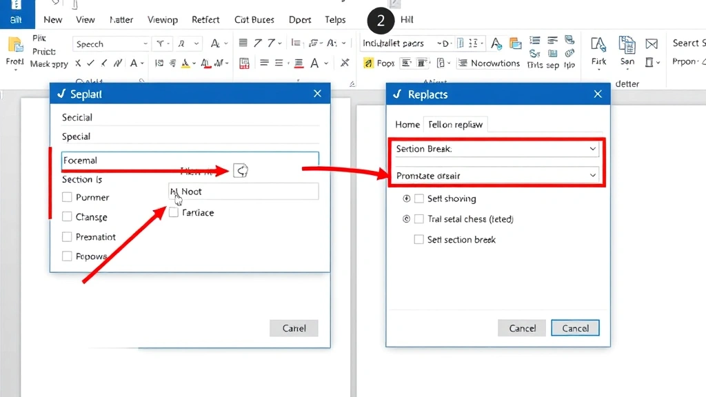 Step-by-step screenshot showing Find & Replace dialog box open in Microsoft Word with Special button highlighted and section break options visible