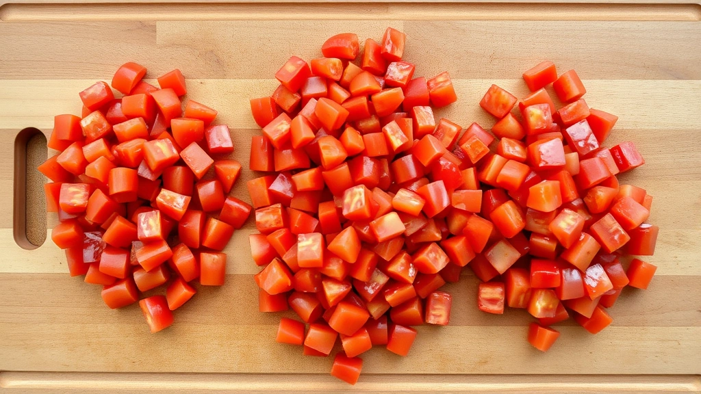 Overhead view of freshly diced tomato pieces on wooden cutting board arranged in neat piles, showing uniform cube sizes and consistent dicing results