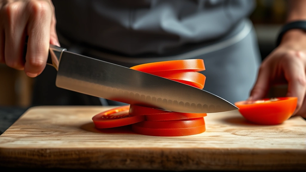 Hands demonstrating horizontal slicing technique on stacked tomato slices with chef's knife, showing rocking motion and proper blade control for even cuts