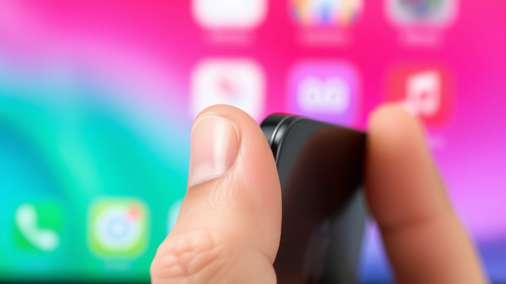 Side view of modern iPhone with side button visible, user's finger positioned near power button against blurred home screen background