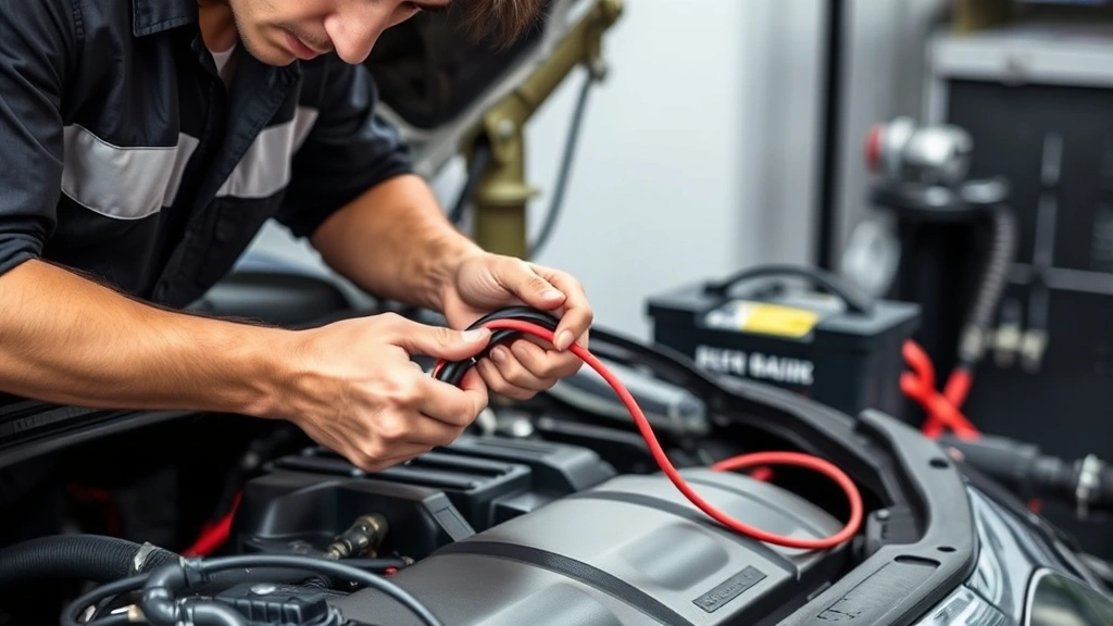 Mechanic demonstrating proper positioning of disconnected battery cables away from engine bay to prevent accidental contact, battery visible in background