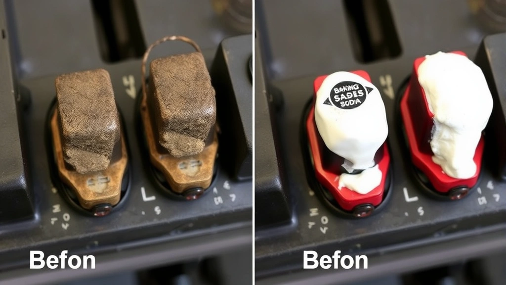 Comparison shot showing corroded and clean battery terminals side by side, with baking soda paste visible on corroded terminal being cleaned