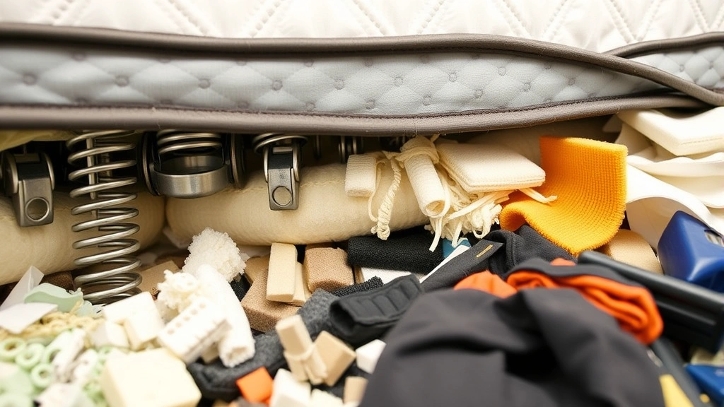 Close-up of a mattress being processed at a recycling facility, showing separated materials including metal springs, foam padding, and fabric layers in different collection bins
