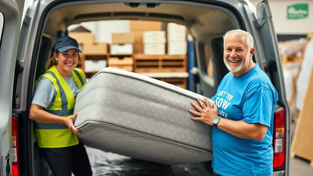 Donation center worker and homeowner transferring a clean, well-maintained mattress from a van into a Habitat for Humanity ReStore warehouse, both people smiling, organized storage area in background