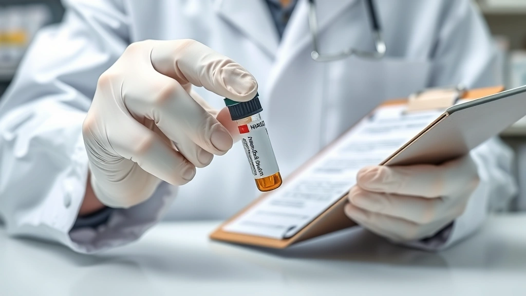 Close-up of a laboratory technician in white coat carefully handling a drug test sample vial with proper chain of custody documentation visible on a clipboard in the background, professional medical laboratory setting