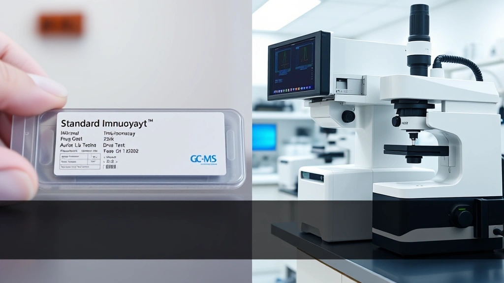 Split-screen comparison showing a standard immunoassay drug test kit on the left side and a sophisticated GC-MS laboratory equipment on the right side, modern clinical laboratory environment