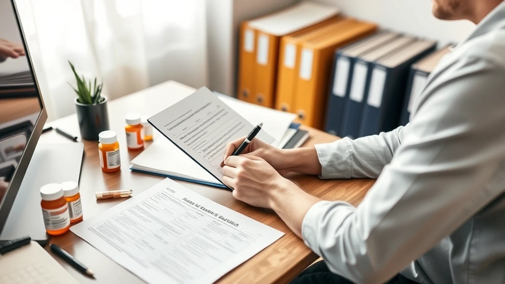 A person sitting at a desk reviewing medical documents and medication bottles with a notepad, organizing records for a drug test dispute, home office setting with organized file folders