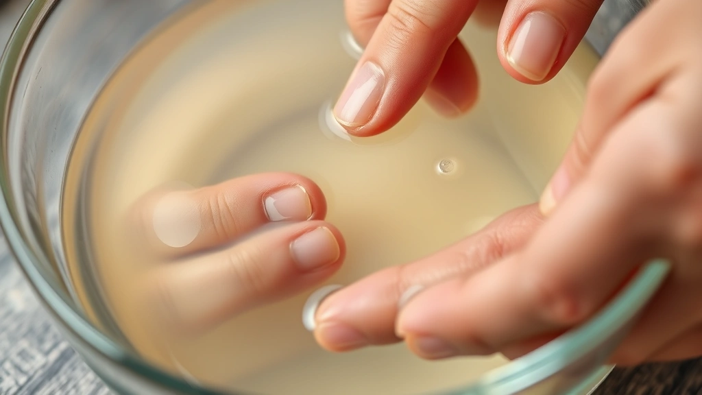 Close-up of hands soaking bonded fingers in warm acetone solution in a clear glass bowl, showing careful separation technique with glue residue visible
