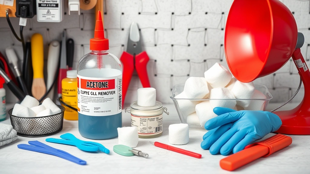 Organized workspace with acetone bottle, cotton balls, plastic scraper tools, and safety equipment including gloves and ventilation fan for super glue removal