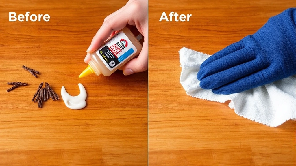 Before-and-after comparison showing dried super glue on wooden surface being removed with acetone-saturated cloth, revealing clean wood underneath