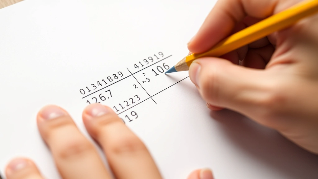 Close-up of hands writing decimal division problem on white paper with pencil, showing long division setup with clear numbers and decimal points visible
