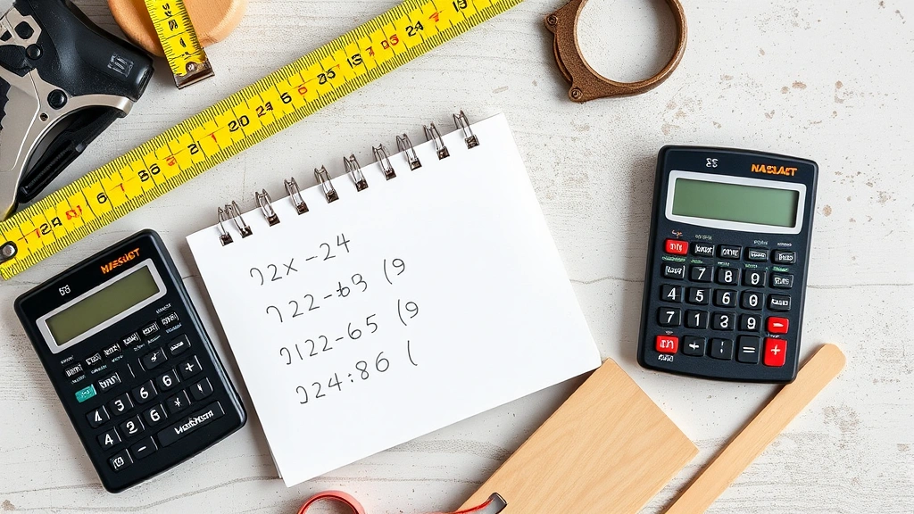 Overhead shot of DIY home improvement workspace with measuring tape, calculator, and decimal calculations written on notepad for material measurements