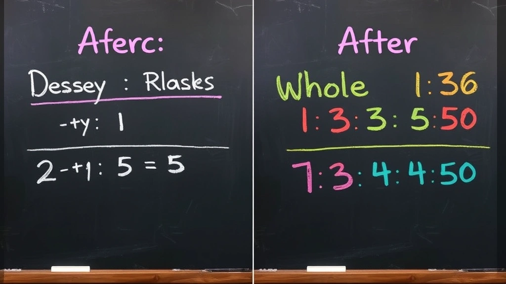 Split-screen comparison showing 'before' messy decimal problem and 'after' organized whole number conversion on chalkboard with colored chalk highlighting