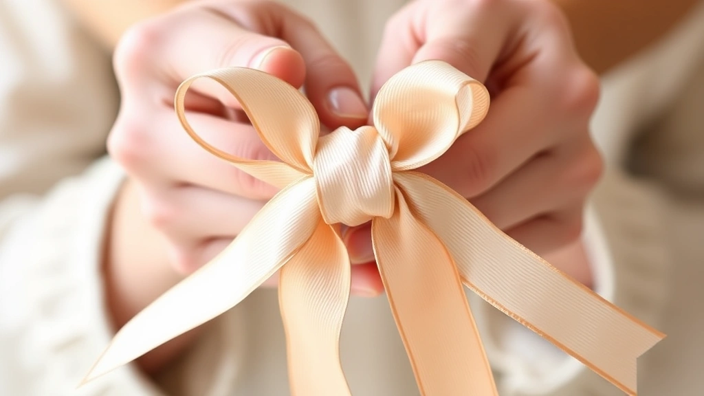 Close-up of hands holding two ribbon loops with center knot area, mid-tying process, natural lighting showing ribbon texture and finger positioning clearly