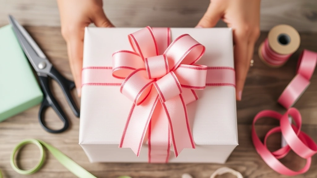 Completed two-loop bow on wrapped gift box, showing symmetrical loops and trailing ribbon tails, professional gift wrapping setup with scissors and ribbon spools nearby