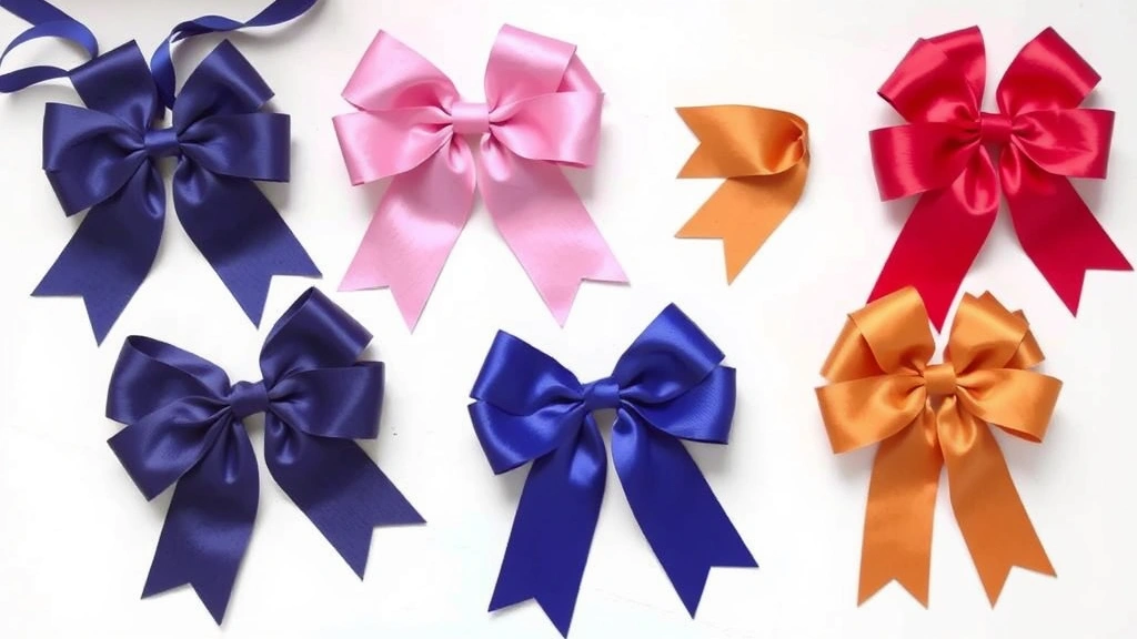 Four different finished bows in various ribbon colors and styles arranged on white surface, demonstrating multi-loop variations, layered combinations, and tail cutting techniques