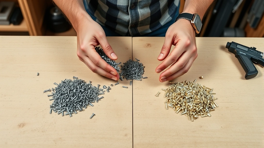 Person dividing materials into equal piles on a workshop table, demonstrating practical division of screws, nails, or fasteners for organization