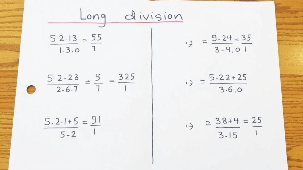 Step-by-step visual demonstration of long division written on paper with numbered arrows showing each calculation phase and process