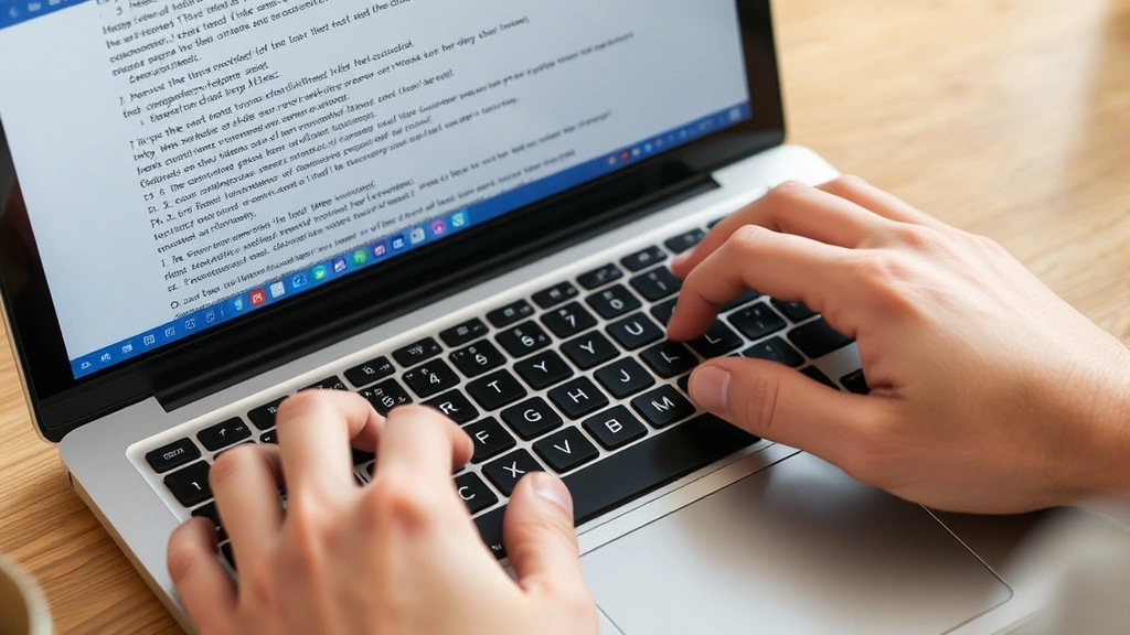 Person's hands typing on laptop keyboard showing Ctrl+2 shortcut being pressed for double spacing in Word document