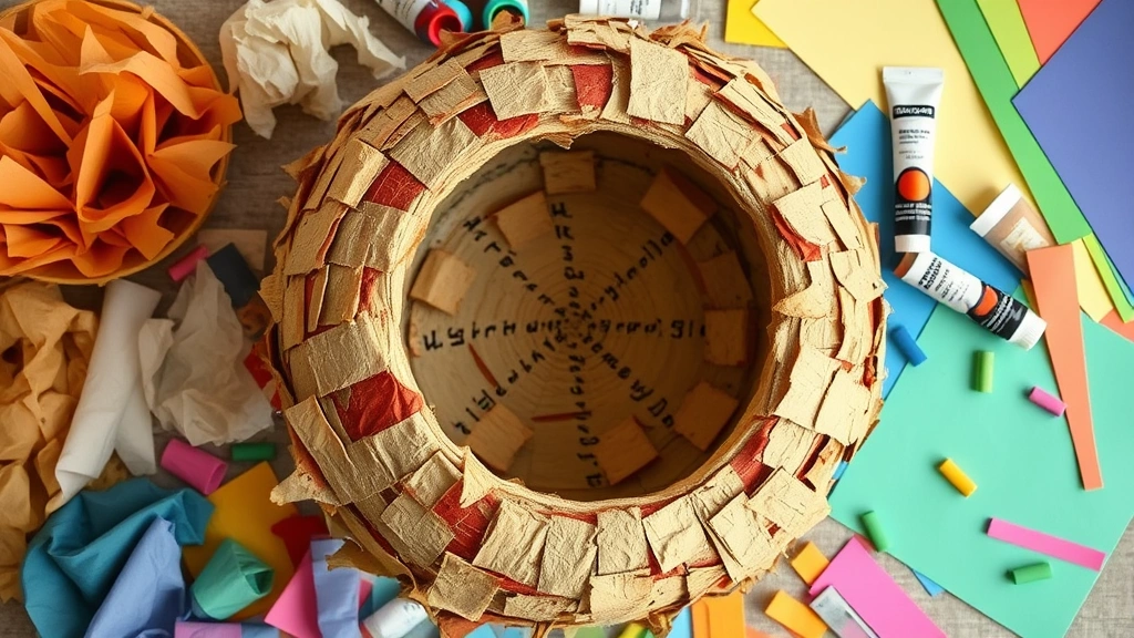 Overhead view of a partially completed round piñata with dried papier-mâché showing texture and layering, surrounded by scattered craft supplies including tissue paper, paint tubes, and colored construction paper