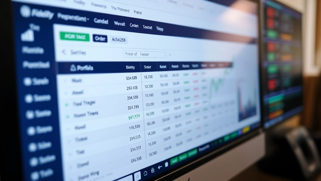 Close-up of computer monitor displaying Fidelity trading platform dashboard with portfolio holdings and order placement interface, clean modern design with stock tickers visible