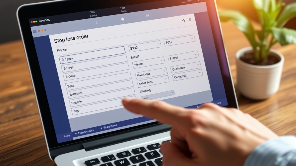 Person's hand pointing at laptop screen showing stop loss order entry form with price fields and order type dropdown menu, professional financial software interface