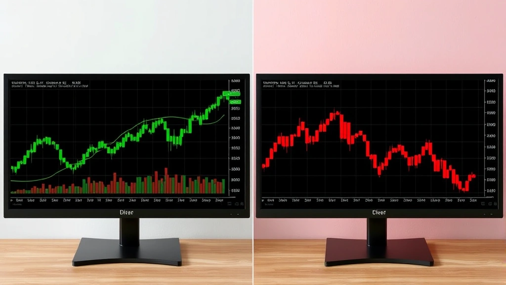 Split-screen comparison showing upward trending stock chart on left with green gains and downward trending chart on right with red losses, illustrating stop loss protection concept