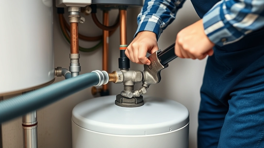 Professional plumber attaching garden hose to hot water heater drain valve at tank bottom, showing proper connection technique with adjustable wrench nearby