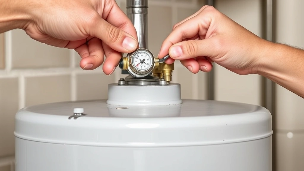 Person opening temperature and pressure relief valve on side of hot water heater tank, demonstrating proper lever lift angle and position during draining