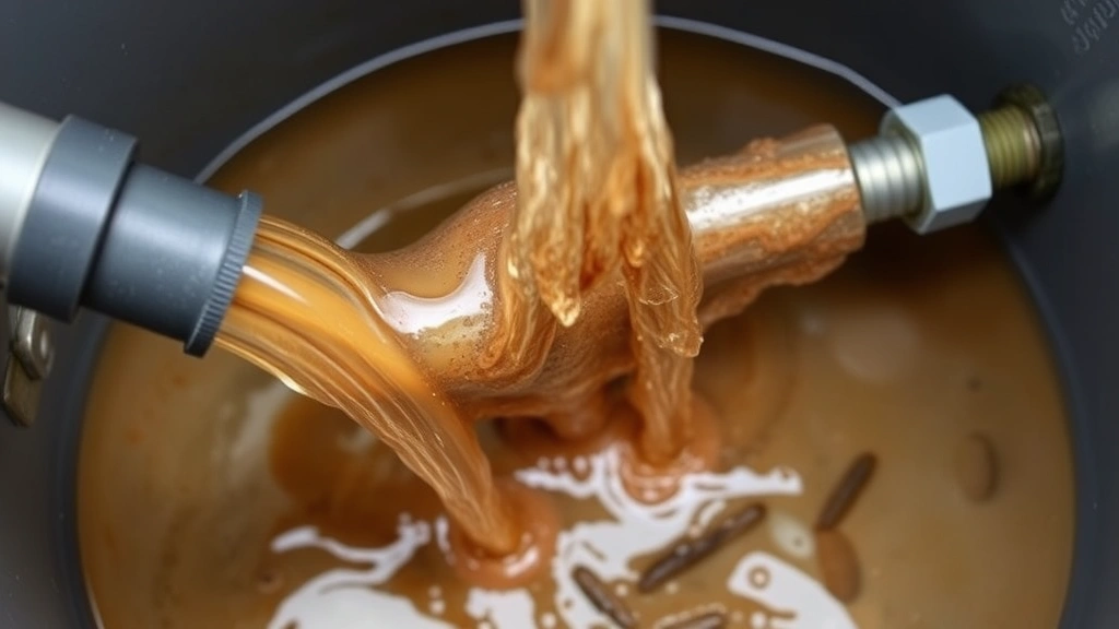 Discolored brown sediment-filled water flowing from garden hose during hot water heater drain flush, showing mineral deposits and buildup being removed from tank