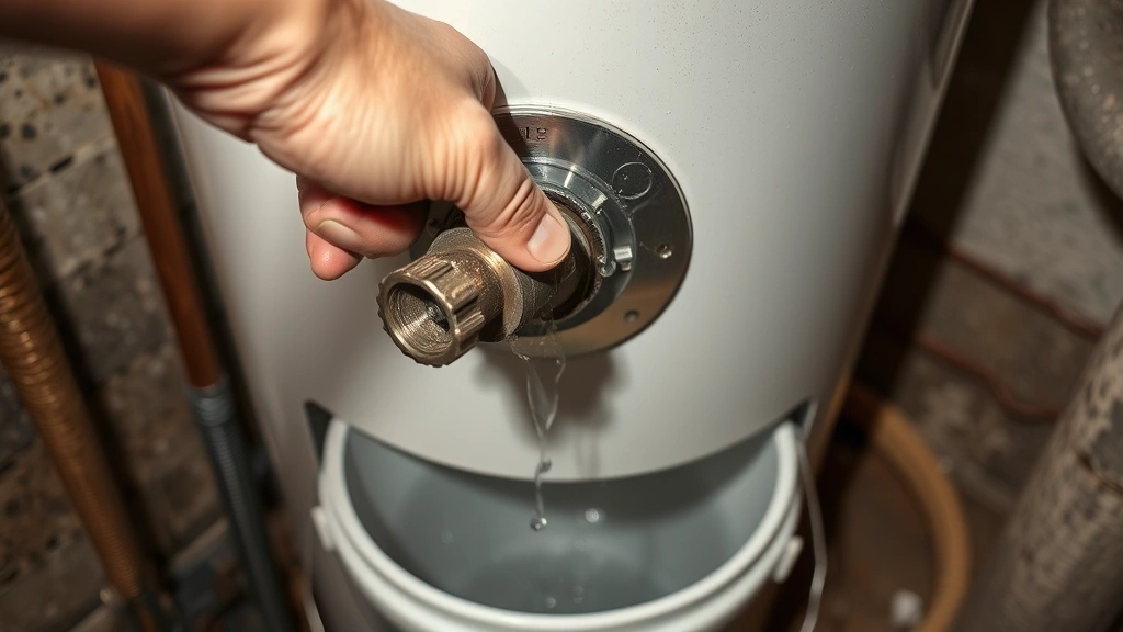 Close-up of water heater drain valve with hand opening it, warm steam visible, bucket catching water below, residential basement setting