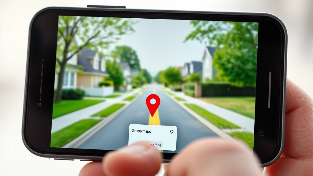 Close-up of smartphone screen showing Google Maps app with red pin marker dropped on residential neighborhood street, finger about to interact with the pin information card at bottom of screen, bright daylight lighting