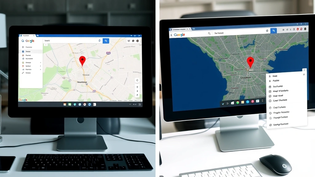 Split-screen comparison showing Google Maps on desktop computer monitor with right-click context menu visible and a red pin placed on a city location, professional office setting with keyboard and mouse