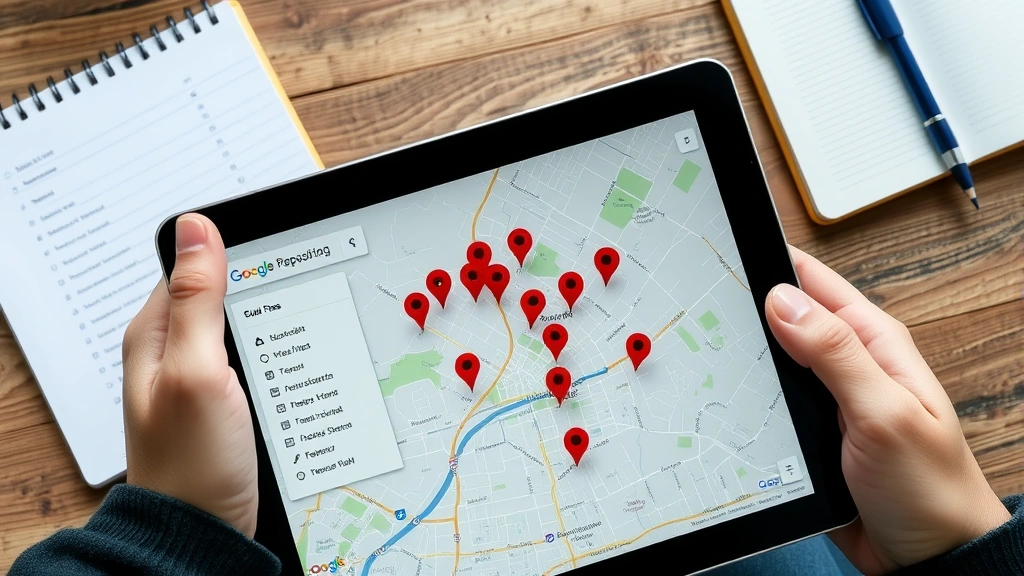 Overhead view of person using tablet device displaying Google Maps with multiple red pins dropped across a city map, custom lists visible in sidebar, planning or navigation context suggested by notebook nearby