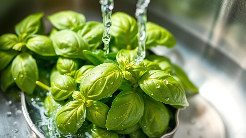 Close-up of fresh basil leaves being gently rinsed under cool running water in a stainless steel sink, water droplets visible on vibrant green leaves, natural kitchen lighting
