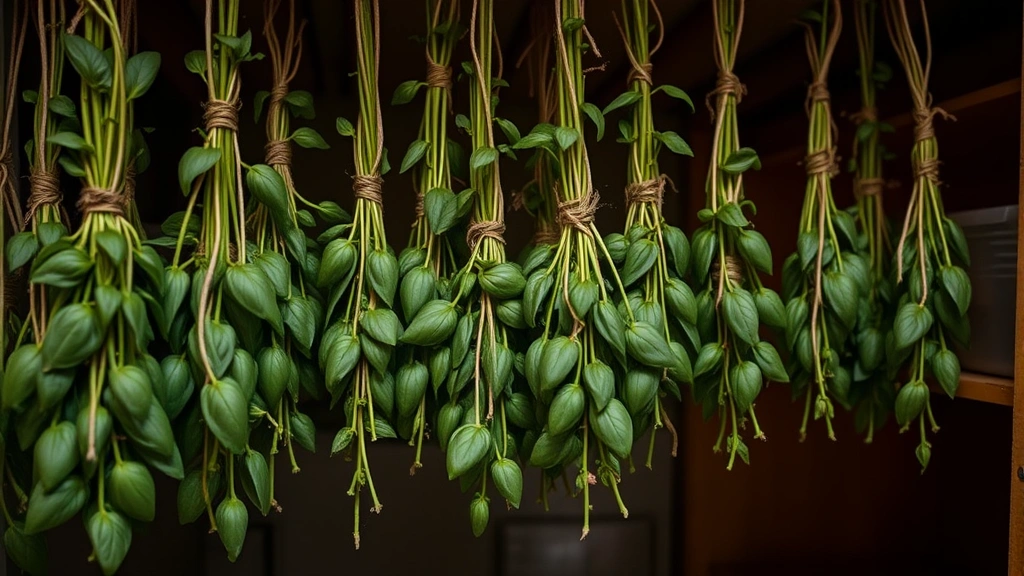 Multiple small bundles of basil stems tied with twine hanging upside down in a warm, dimly lit pantry or storage space, showing proper air-drying setup with good air circulation