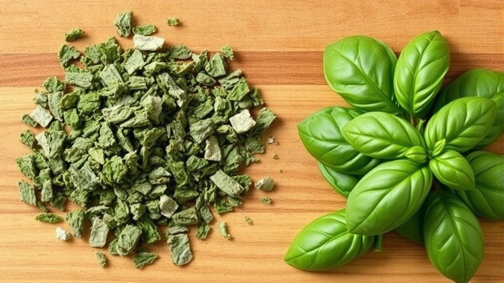 Dried basil leaves crumbled on a wooden cutting board next to fresh basil for visual comparison, showing the color and texture difference between fresh and properly dried herbs