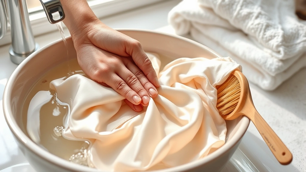 Close-up of hands gently washing a delicate silk blouse in a basin of cool water with specialized detergent, soft-bristled brush nearby, white towels in background, natural lighting from window