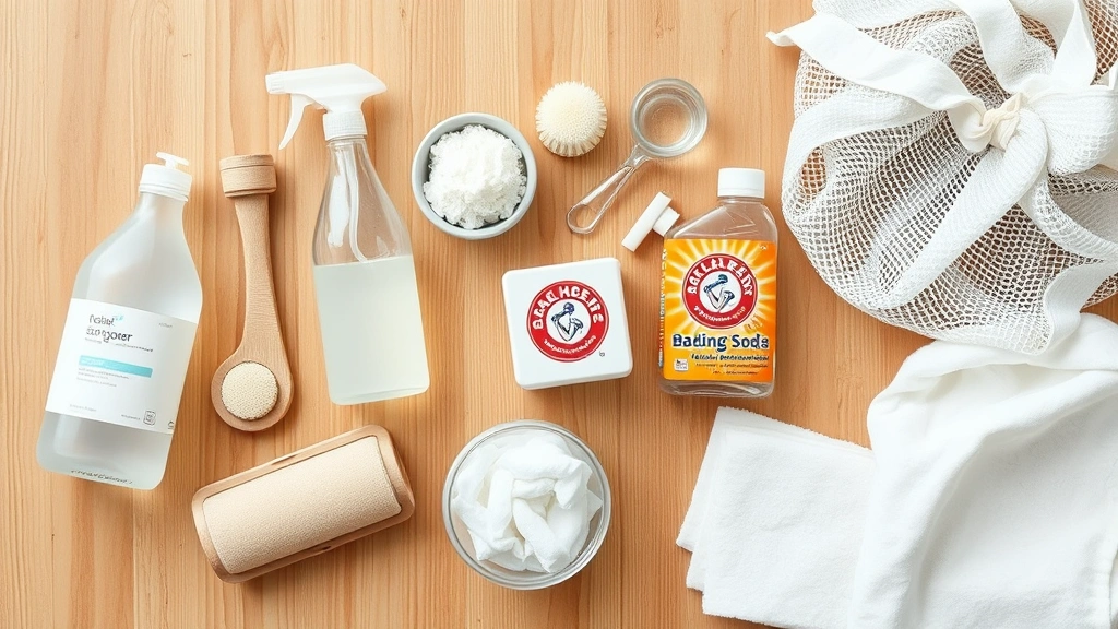 Flat lay of home dry cleaning supplies including bottles of delicate detergent, white vinegar, baking soda, soft brushes, mesh laundry bag, distilled water, and white cotton towels on clean wooden surface
