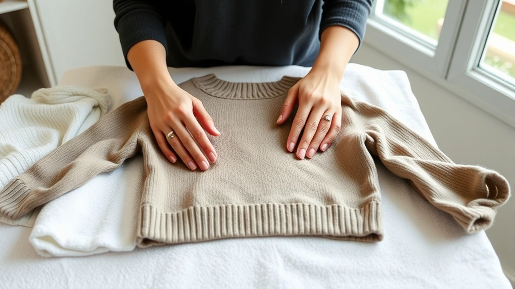 Woman carefully laying a wet cashmere sweater flat on a clean white towel to air dry, hands gently smoothing the fabric into shape, natural daylight from window, organized drying area visible