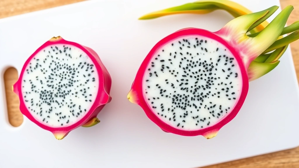 Perfectly ripe dragon fruit cut in half lengthwise on white cutting board showing pink skin and white flesh with small black seeds, bright natural lighting, close-up overhead view