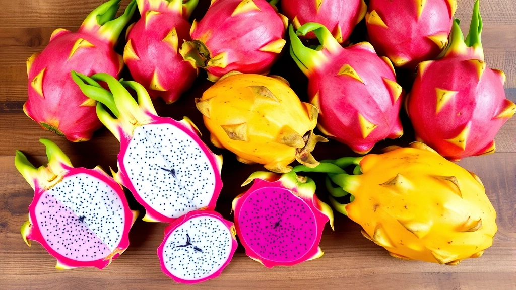 Multiple colorful dragon fruit varieties arranged on wooden table including pink-skinned white-fleshed, pink-skinned magenta-fleshed, and yellow-skinned varieties with fresh green crowns