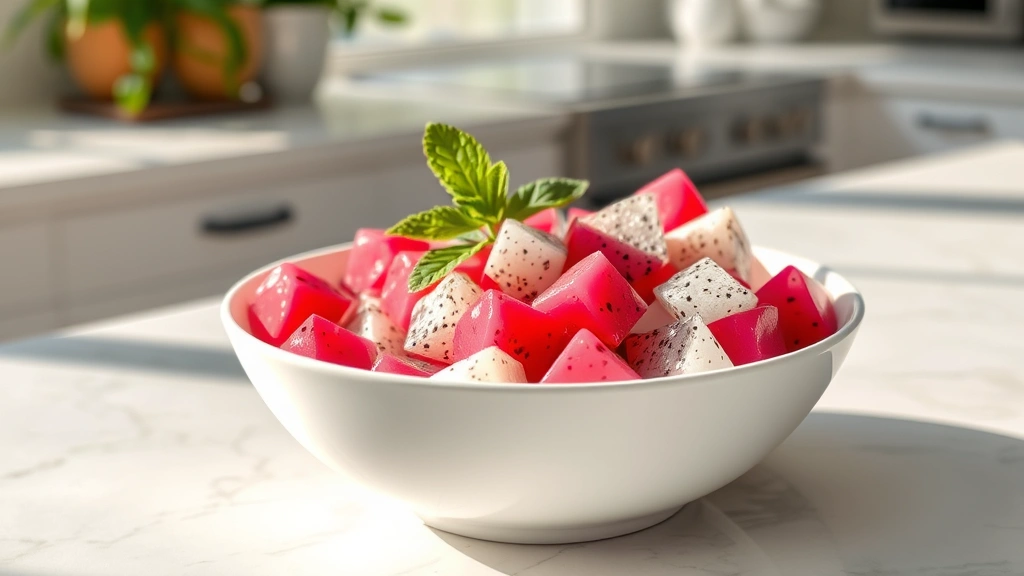 Elegant white bowl filled with cubed dragon fruit pieces ready to eat, garnished with fresh mint leaves, sitting on light marble countertop with natural sunlight