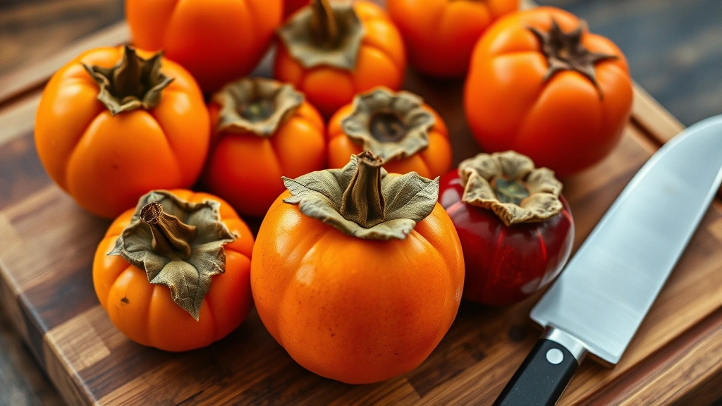 Fresh ripe persimmons in various stages of ripeness displayed on a wooden cutting board with a sharp knife nearby, warm autumn lighting, close-up detail of the fruit's texture and vibrant orange color