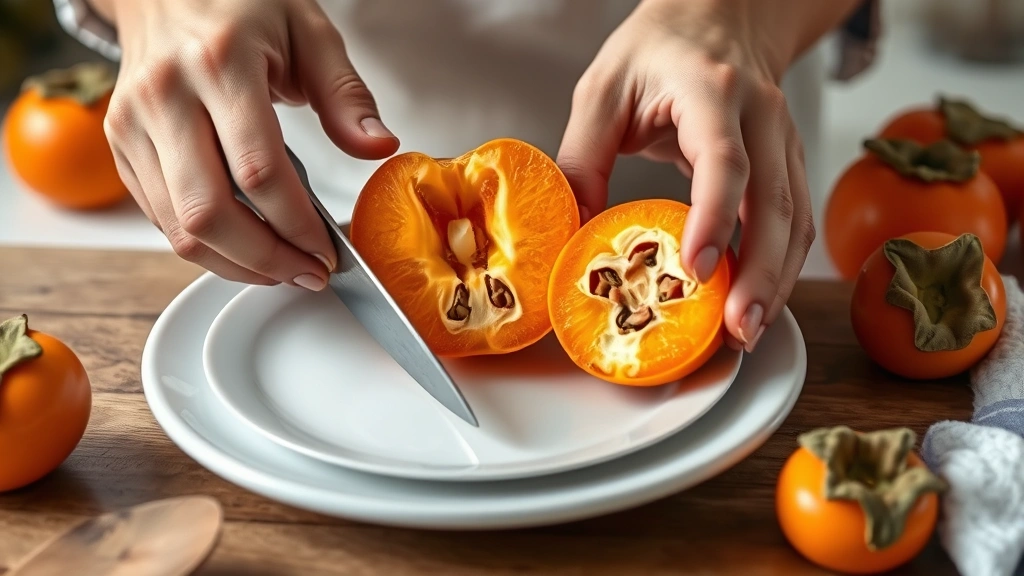 Person's hands cutting a firm Fuyu persimmon into quarters over a white ceramic plate, showing the clean cross-section and seeds, natural kitchen lighting with fresh persimmons in background