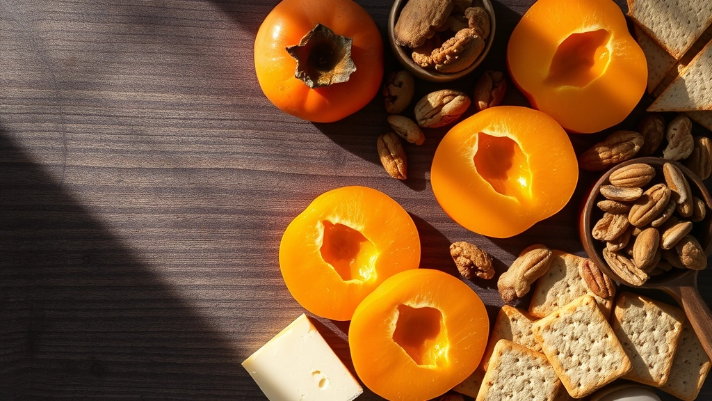Overhead view of prepared persimmon slices arranged on a rustic wooden surface alongside cheese, nuts, and crackers for a charcuterie board, soft natural light creating shadows