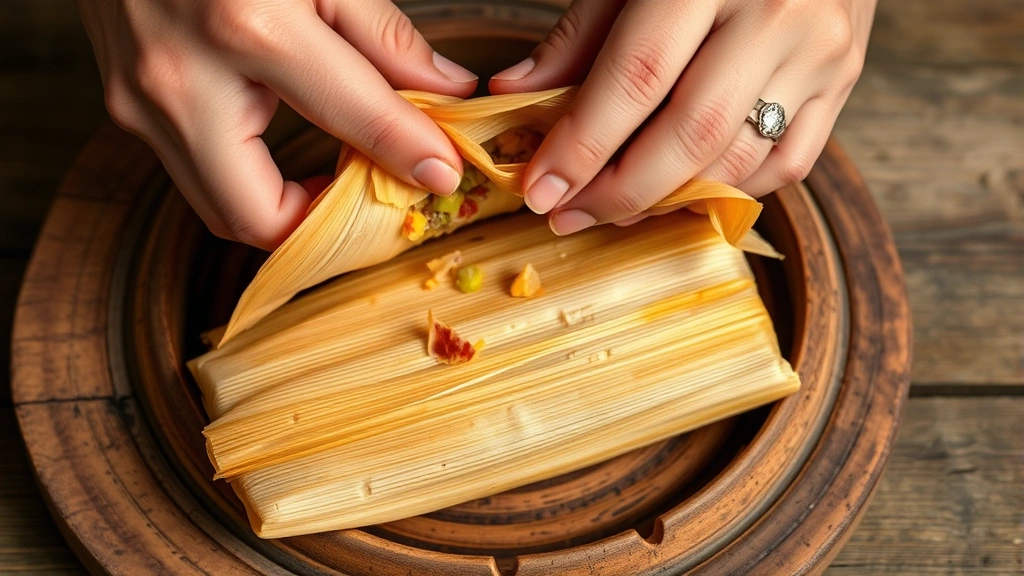 Hands gently unwrapping corn husks from a freshly steamed tamale, revealing the golden masa and colorful filling inside, warm steam rising from the food on a rustic wooden plate