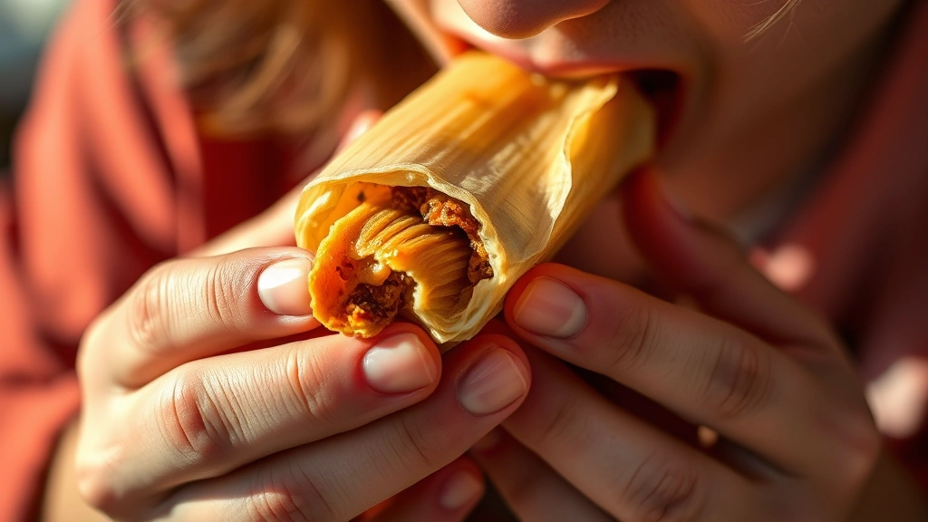 Close-up of someone taking a bite of a partially unwrapped tamale held in their hands, showing the soft masa texture and visible filling, with napkins nearby and warm natural lighting